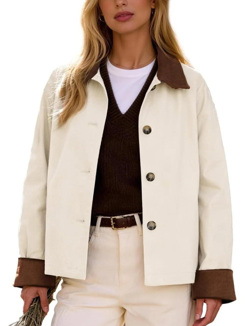 Women's Jackets Cropped Trench Coat Contrast Collar Button Down Loose Beige